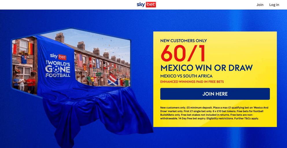Sign up to Sky Bet and get 60/1 for Mexico to win or Draw vs South Africa