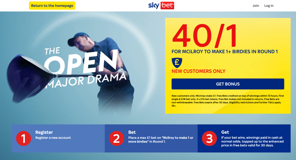 Get 40/1 for McIlroy to make a birdie in round 1 at Sky Bet