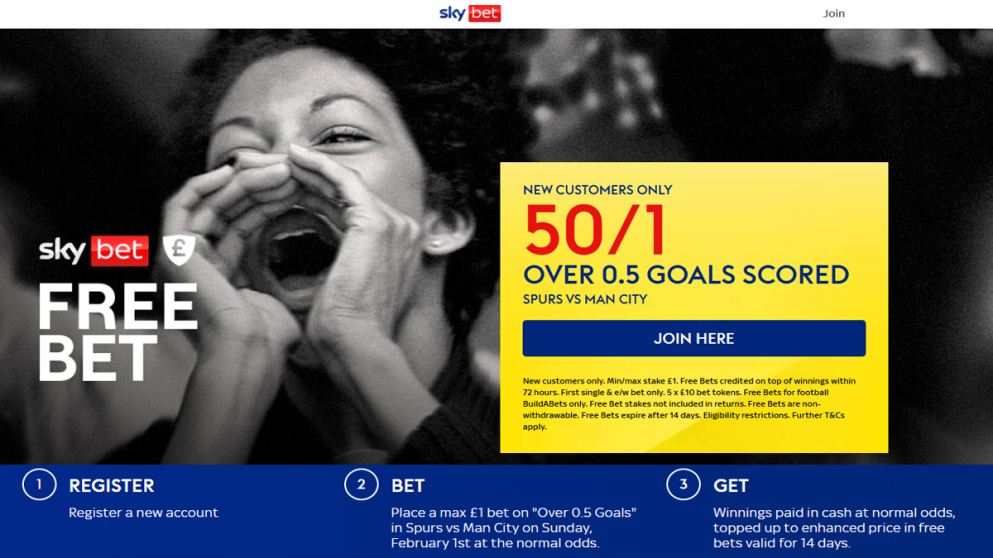 Get 50/1 for a goal in Spurs v Man City at Sky Bet