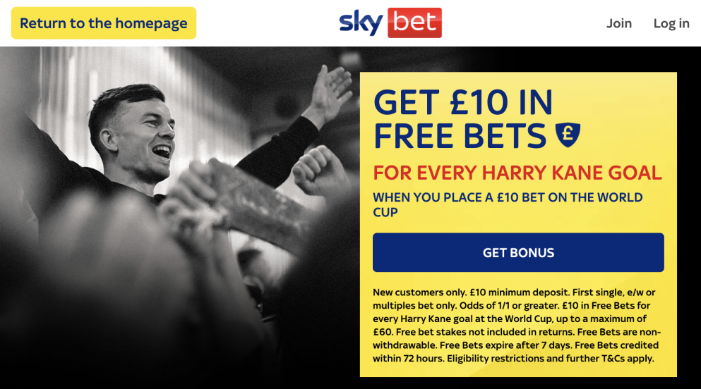Sign up to Sky Bet and get a £10 free bet for every Harry Kane goal
