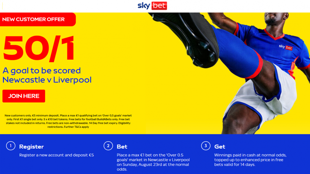 Get 50/1 for a goal in Newcastle v Liverpool at Sky Bet