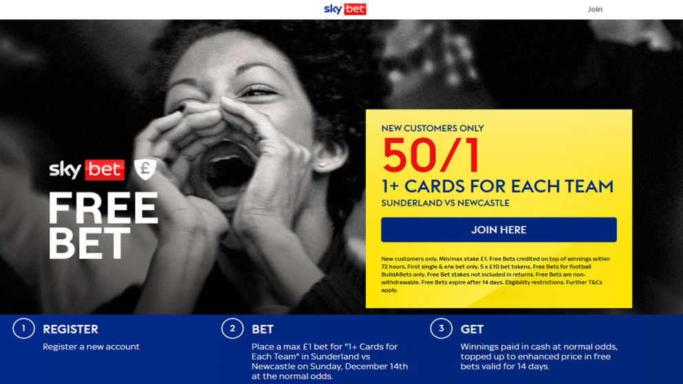 Get 50/1 for a card each team in Sunderland vs Newcastle today with Sky Bet