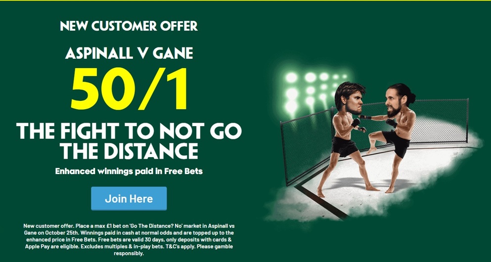 Get 50/1 on the main event not going the distance in tonight's UFC