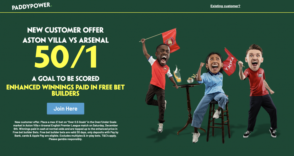 Get 50/1 for a goal in Villa vs Arsenal with Paddy Power