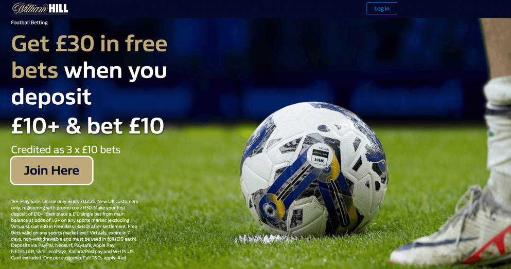 Get £30 in Free Bets when you sign up to William Hill