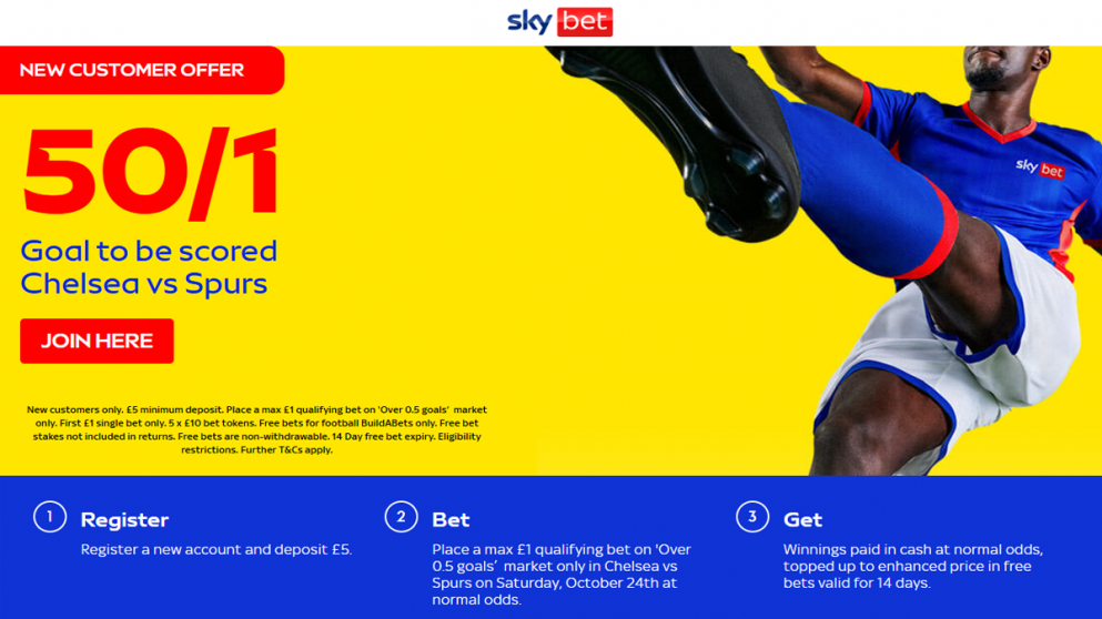 Get 50/1 a goal to be scored on Chelsea v Spurs at 5.30pm.