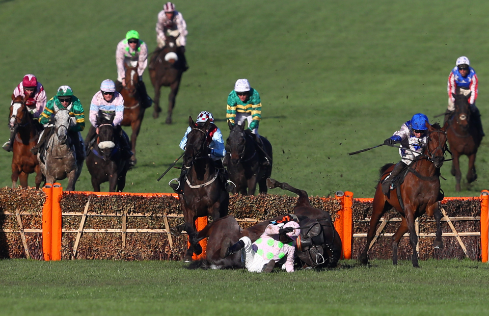 Roksana (right) took advantage of a crashing fall from the strong-travelling Benie Des Dieux to win the 2019 renewal of the Mares' Hurdle.