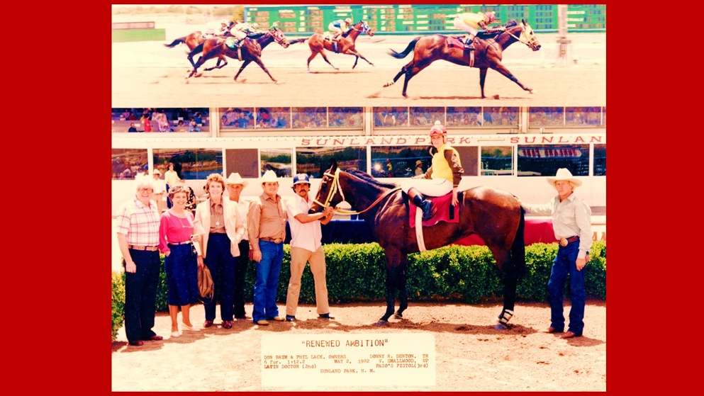 Days of future past ... Denton, pictured on the far right, with one his 'winners,' the aptly-named Renewed Ambition, during his training days in the early 1980s at Sunland Park. (Photo: courtesy of Donny Denton)