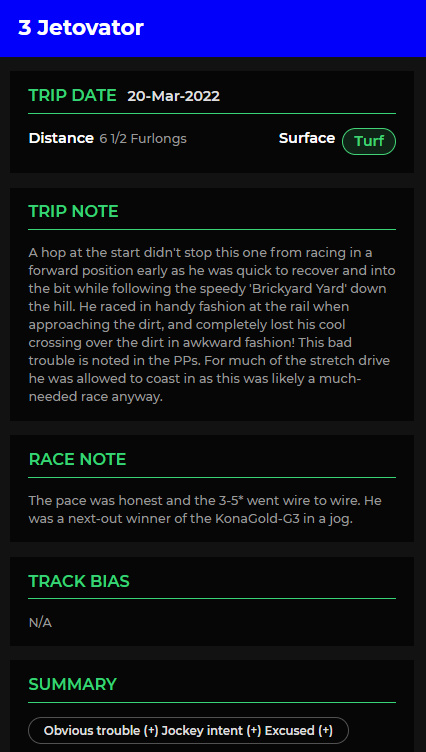 An example of one of Trip Notes Pros' entries ... With an analytical POV, the site uncovers horse-specific tips based on replays. Talk about a 'last out' appraisal ... (Photo: Ryan Flanders)