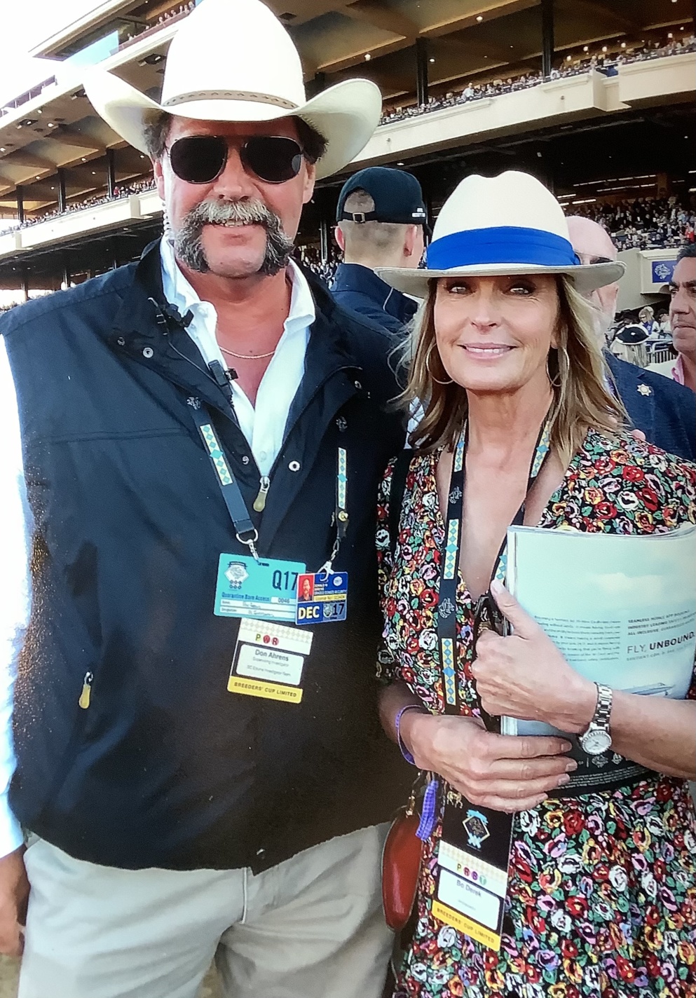Don Ahrens pictured with celebrity and horsewoman Bo Derek at a recent Breeders’ Cup. He has worked the week-long event in “Equine Security” for almost 20 years.