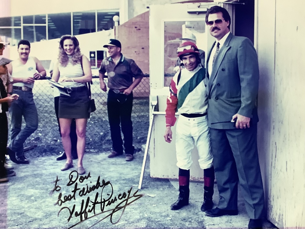Ahrens with Lafitt Pincay in the late 1990s. He described the celebrated jockey as a “prince of a fellow.” Rider security and safety continues to be one of Ahrens’ primary objectives.
